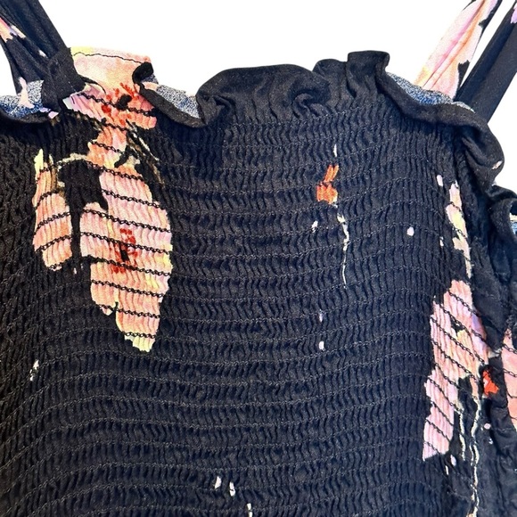 (Sold)Free People Women’s Size XS Bella Smocked Bodycon Dress Black Floral - Picture 4 of 11